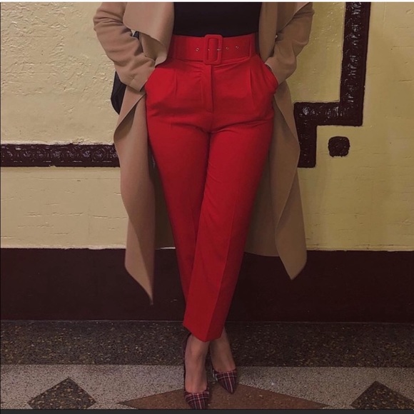 ZARA High Waisted Belted Pants Coral - Picture 4 of 9